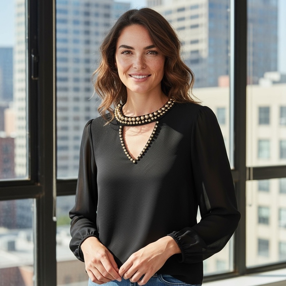 INC International Concepts Black Embellished Long Sleeve Top Blouse